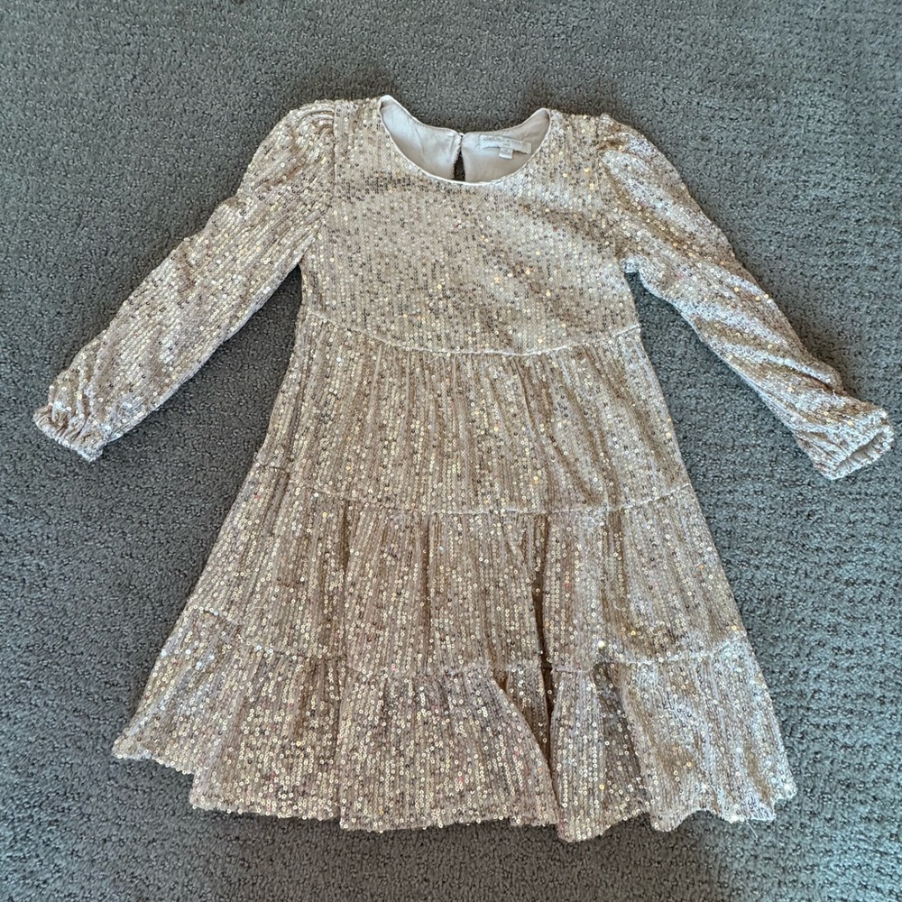 Chelsea & Violet Girls Gold Sequin Party Dress Long Sleeve Tiered Size 4